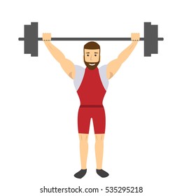 Man with barbell. Sportsman doing exercise with barbell. Vector illustration. 