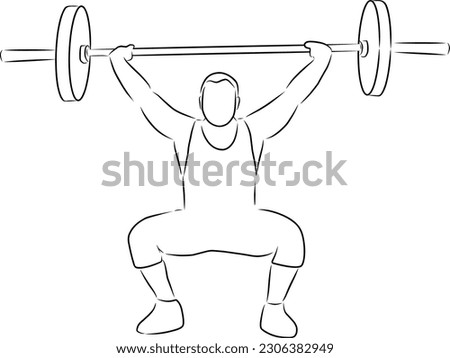 Man with a barbell, vector. Hand drawn sketch. The athlete squats with a barbell.