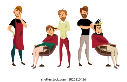 Man Barber Cutting and Doing Hair Vector Illustration Set