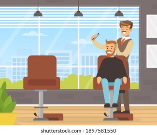 Man Barber Cutting and Doing Hair Vector Illustration