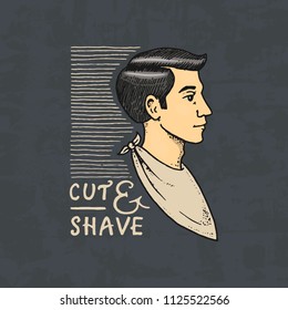 The man in the barber shop badge label logo. Hipster emblem for signboard Haircut of beard and cute shave. Engraved hand drawn in old vintage sketch. Modern Lettering