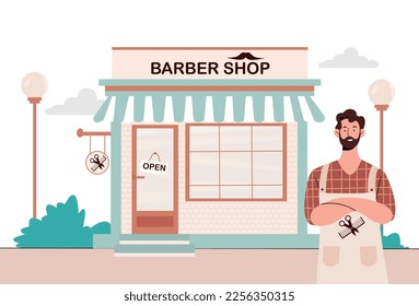 Man with barber shop. Young guy near building, owner of small business. Fashion and style, creative personality. Hairdresser provides services. Poster or banner. Cartoon flat vector illustration