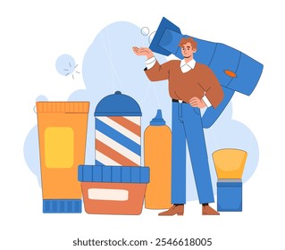 Man with barber shop. Young guy with cosmetics products and creams for shaving. Beauty procedures. Aesthetics and elegance. Flat vector illustration isolated on white background