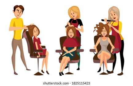 Man Barber and Woman Hairdresser Cutting and Doing Hair Vector Illustration Set