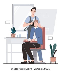 Man in barbershop. Barber with client making haircut. Beauty salon, aesthetics and elegance, style. Hairdresser with chairs and mirrors. Young guy with stylish hair. Cartoon flat vector illustration