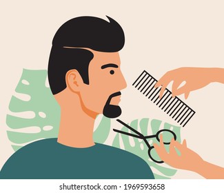 A Man In A Barbershop, A Beard Cut. Flat Vector Stock Illustration. A Young Or Adult Person With A Beard. Hair Clippers. Beard Care. Male Barber Salon. Isolated Illustration