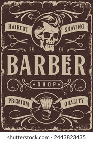 Para hombre barbería monocromo etiqueta engomada vintage con calavera y accesorios para crear estilo de peinado fresco de moda e ilustración vectorial de barba