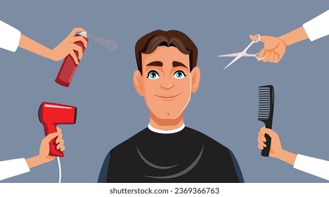 
Mann in einem Barbershop Erhalten Sie eine Haircut Vektor Cartoon Illustration. Schwindler, der seine Haare von Profis schneiden lässt 
