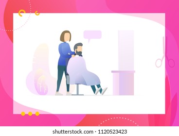 Man in barbershop. Woman hairdresser makes haircut and hair styling. Conceptual Modern and Trendy colorful illustration for landing page. Web template.