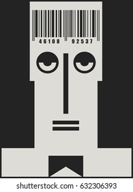 Man with a barcode on his head. Vector background. Black and white