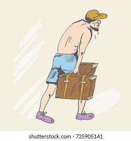 A man with a bare torso and blue shorts carries heavy suitcases. On the head is a cap. Sunglasses on his eyes. Slouchy and tired climbs uphill. Sweat trickled down his face. Sketch style.