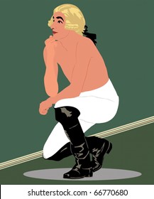 man with a bare-chested in his boots