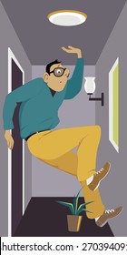 Man barely can fit into a very tiny apartment, almost stepping on a plant, vector illustration, no transparencies, EPS 8