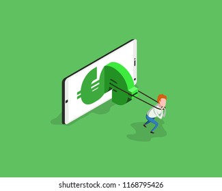 The man barely pulls money out of the phone. Illustration of making money on the Internet. Isometric, 3D, flat style. Solid. Minimalism, cobwebs.