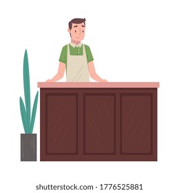 Man Barista or Barman Character Serving Clients at Counter Vector Illustration