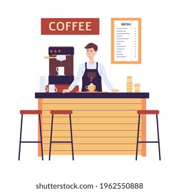 Man barista character standing behind counter in coffeehouse or cafeteria, flat vector illustration isolated on white background. Man preparing and serving coffee.