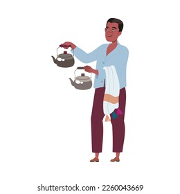 Man Barista Coffee Lover Carrying Hot Aromatic Beverage in Kettle Vector Illustration