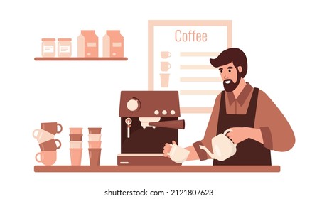 Hombre barista haciendo café en café con cafetera. Personaje masculino trabajando en una cafetería. Pequeña empresa. Ilustración vectorial plana o cartográfica.