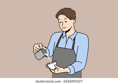 Man barista prepares delicious coffee with fresh cream, working in trendy coffee shop or restaurant. Barista guy pours milk into mug of cappuccino, which gives energy due to its caffeine content.