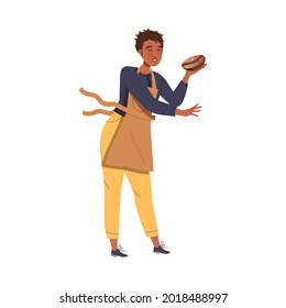Man Barista Wearing Apron Preparing Coffee Drink Holding Roasted Coffee Bean Vector Illustration