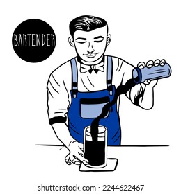 man, bartender in an apron makes cocktail, pours wine into glass at the bar. Barman in work. Profession serving people, service in restaurant.