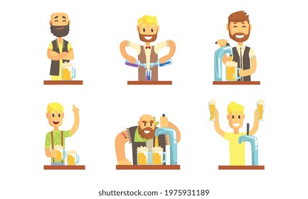 Man Bartender or Barkeep Serving Alcoholic or Soft Drink Beverages Behind the Bar Vector Set