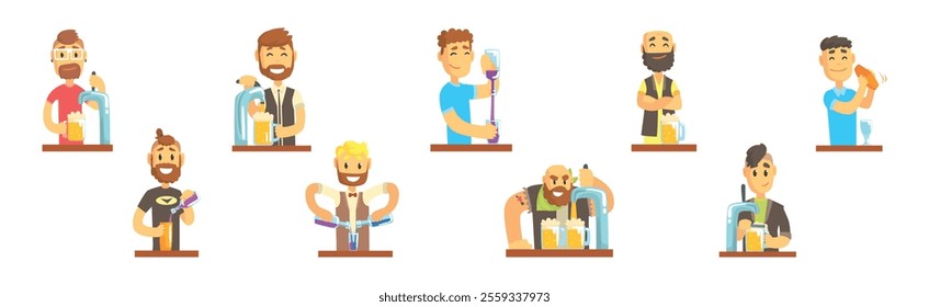 Man Bartender Character Pouring and Serving Alcoholic Drink at Counter Vector Set