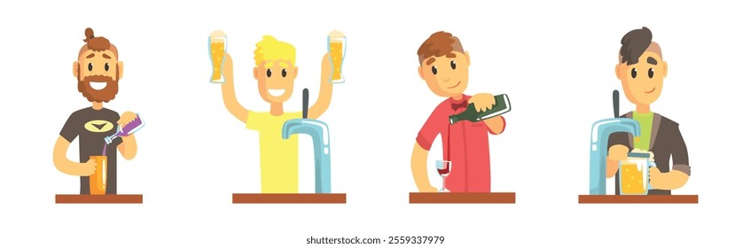 Man Bartender Character Pouring and Serving Alcoholic Drink at Counter Vector Set