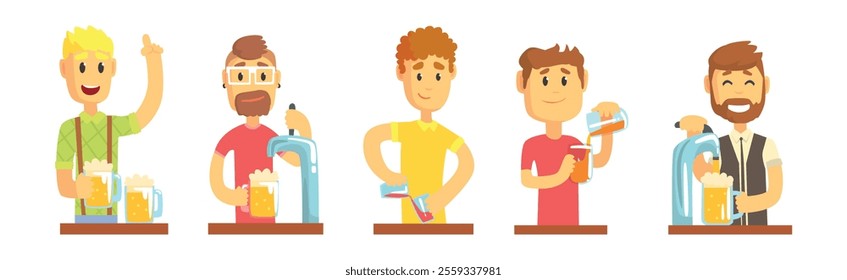 Man Bartender Character Pouring and Serving Alcoholic Drink at Counter Vector Set