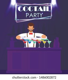 Man Bartender in Formal Suit Stands at Bar Counter Mixing Drinks. Barman Pouring Alcohol in Glasses. Cocktail Party Neon Sign. Cartoon Invitation Poster. Vector Flat Night Club Interior Illustration