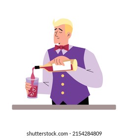 Man bartender pours wine, vector flat illustration on white background. Bartender, a waiter works at bar, restaurant. Bartender holds bottle with drink and glass