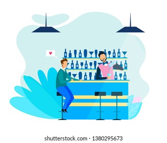 Man and Bartender Speaking about Love Intimate Talk Flat Vector Banner Illustration Professional Barman Standing at Counter Mix Shake Alcohol Make Beverage Male Visitor Sitting on Stool Waiting Order