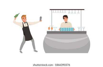 Man Bartender steht am Bar Counter Mixing und Shaking alkoholischen Cocktails Vektor Illustration Set