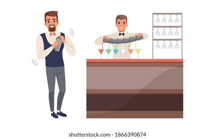 Man Bartender Standing at the Bar Counter Mixing and Shaking Alcoholic Cocktails Vector Illustration Set