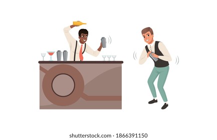 Man Bartender Standing at the Bar Counter Mixing and Shaking Alcoholic Cocktails Vector Illustration Set