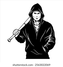 man with baseball bat black hoodie