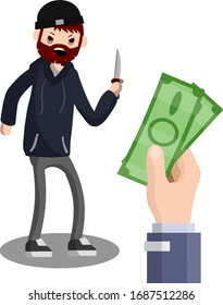 Man with baseball bat is extorting money. Hand holding green cash. Problem of urban security. Thief at work. Extortion and robbery.