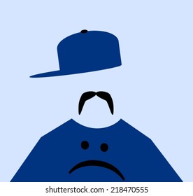man with baseball cap and sad face shirt