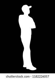 Man in baseball cap standing. Stencil. White silhouette isolated on black background. Concept. Vector illustration of man with arms crossed at chest. Monochrome minimalism. 