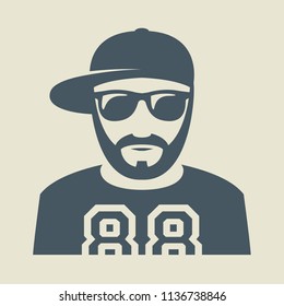 Man in a baseball cap and sunglasses, sign or symbol, vector illustration