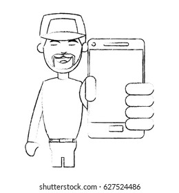 man with baseball hat  using phone icon image 