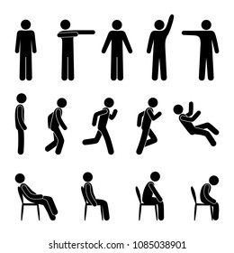 Hombre, postura básica. Icono persona parada, corre, se sienta, va, cae, varias poses, gestos, movimientos. Juego de pictogramas aislado con figuras palas. Colección de silueta humana. Simple ilustración en blanco y negro.