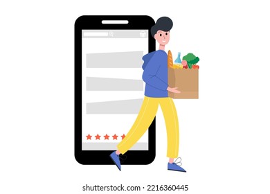 Man with a basket of food in his hands gets out of the phone. The concept of online orders, delivery, online shopping. Vector illustration.