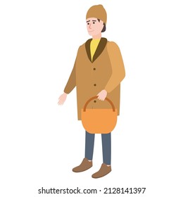 Man with basket for goods, winter cold weather clothes, hat warm coat, boots. Cartoon flat style