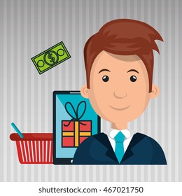 man basket mobile money vector illustration graphic