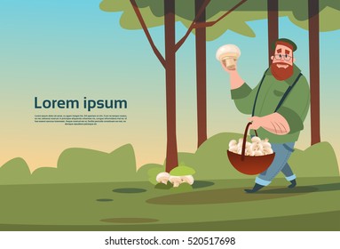 Man With Basket Picking Mushrooms In Forest Flat Vector Illustration