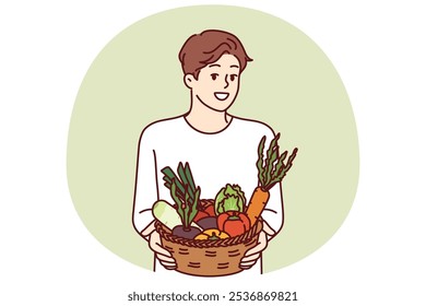 Hombre con canasta de verduras sonríe y recomienda ir vegano o comer alimentos orgánicos crudos. Chico vegetariano se ofrece a comprar verduras de granja y comenzar una nueva dieta saludable para mejorar la salud