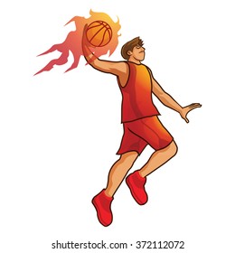 man was basketball player jumping to dunk shoot