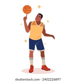 Man basketball player, spinning ball on his finger. Professional male athlete in shorts and t-shirt. Sportsman training, active position. Cartoon flat style isolated vector concept