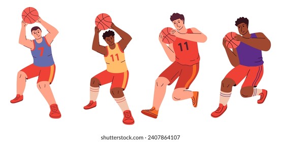 Man basketball player.Athletes playing sport game.Throwing ball to basket net.African American basketball player.Basketball player. Male basketball players.Cartoon athletes in uniforms.